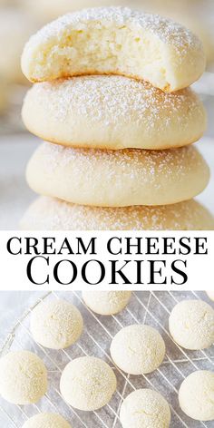 a stack of cream cheese cookies sitting on top of a cooling rack filled with powdered sugar