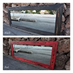 two different views of a mirror sitting on the side of a stone wall next to a bench