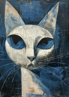 a painting of a cat with blue eyes and whiskers on it's face