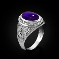 Sterling Silver Masonic Ring with Purple Amethyst Cabochon Amethyst Birthstone Ring, Masonic Jewelry, Amethyst Birthstone, Silver Ring Designs