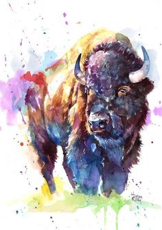 a painting of a bison in watercolor with splashes on it's face