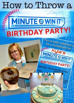 an advertisement for a birthday party with pictures of cakes and people in front of laptops