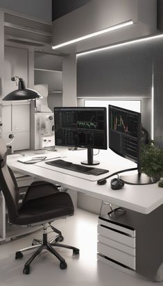 a desk with two monitors and a keyboard