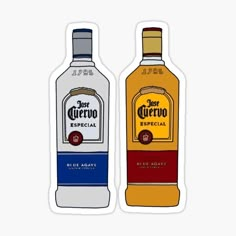 two bottles of alcohol stickers next to each other on a white background, with the words just quero in red and blue