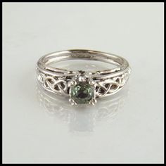 Celtic Cathedral Ring in White Gold with Green Sapphire