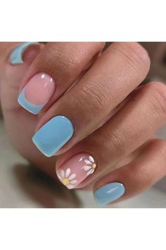 Press on Nails Square Short Fake Nails with Daisy Flower Designs Blue French Tip Nails Press ons Glossy Glue on Nails Nude Full Cover Artificial Stick on Nails for Women 24Pcs, #AD, ##Pcs, #Ad, #Nails, #Square, #Short Square Daisy Nails, Blue Back To School Nails, Short Cute French Tip Nails, Nails Short Solid Color, Blue French Nail Designs, Gel Nails Flowers, Short Nail Designs Blue, Cyprus Nails, Blue Daisy Nails