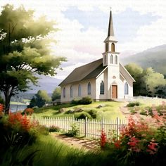 a painting of a church on a hill with trees and flowers in front of it