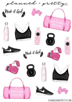 pink and black workout items with the words work it girl on them, including water bottles,