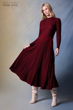 Color_Red Fall Pleated Solid Midi Dress, Pleated Midi Dress For Fall, Solid Pleated Midi Dress For Winter, Fall A-line Pleated Dress With Pleated Waist, Fall Midi Dress With Pleated Waist, Fall Fitted Midi Dress With Accordion Pleats, Fall A-line Midi Dress With Pleated Skirt, Fitted Midi Dress With Accordion Pleats For Fall, Fall Pleated Midi Dress With Pleated Waist