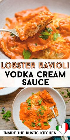 lobster ravioli vodka cream sauce in a white bowl with the words lobster ravioli vodka cream sauce