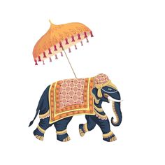 an elephant with a decorative umbrella on it's back