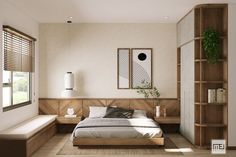 a bed sitting in a bedroom next to a wooden book shelf on top of a hard wood floor