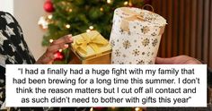 a woman holding a wrapped present in front of a christmas tree with the words, i had a finally a huge gift with my family that i had been