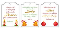 three christmas gift tags with bells and ornaments on the front, one has a candle in it