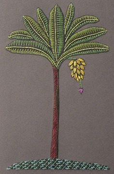 a drawing of a palm tree with yellow flowers on it's trunk and green leaves