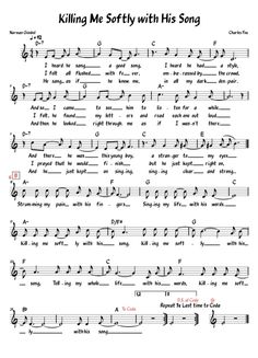 sheet music with the words killing me softly with his song