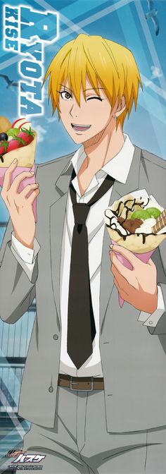 a man in a suit and tie holding a sandwich