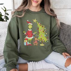 Grinch Christmas Tree Crewneck Sweatshirt  Whimsical Grinch Max Tree Sweater  Festive Retro Shirt  Xmas Hoodie  Grinch Holidays Jumper Easy 30 day return policy Grinch Christmas Sweater, Christmas Tree Hoodie, Grinch Christmas Tree, Tree Sweater, Jumper Style, Retro Mode, Matching Tees, Holiday Sweatshirt, Grinch Christmas