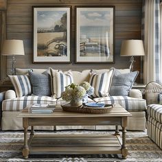 Modern cottage living room, classic look with striped and checked patterns on cushions, rugs, and upholstery, in a harmonious color palette1 Coastal Living Room Decor, Cottage Cozy