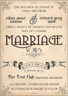 an old fashioned wedding poster with the words marriage vows written in cursive font