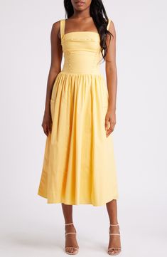 Sweet ribbon is threaded through tonal eyelets along the bodice of this sunny yellow midi dress with patch pockets along the playfully flared skirt. Exclusive retailer Back zip closure Square neck Button straps Front patch pockets Lined 98% cotton, 2% spandex Dry clean Imported House Of Cb Yellow Dress, Midi Sundress, Yellow Midi Dress, Sunny Yellow, House Of Cb, Flared Skirt, Fabric Gifts, Free Fabric, Yellow Dress