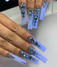 Blue Rhinestone Nails, Beige Nails Design, Ballerina Nails Designs, Purple Acrylic Nails, Crystals Gems, Ombre Nail, Beige Nails