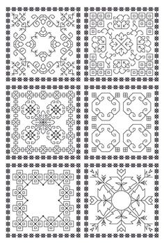 four different square designs in black and white, each with an intricate design on them