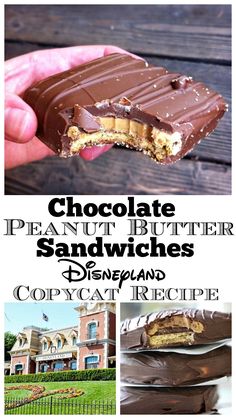 chocolate peanut butter sandwich sandwiches with disneyland's copycat treat in the background and text overlay that reads, chocolate peanut butter sandwich sandwiches disneyland