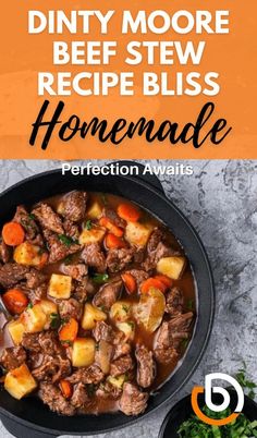 beef stew in a skillet with carrots and parsley next to the recipe title