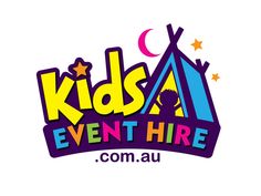 the kids's event hire logo is shown in purple and yellow with stars on it