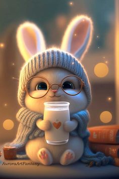 a cute little bunny with glasses holding a coffee cup and wearing a knitted hat