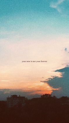 an airplane flying in the sky with a quote above it that reads, your now is not your forever