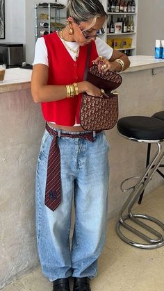 Feminine Indie Outfits, Maximalist Fashion Aesthetic, Dublin Fashion Street Style, Crazy Outfits Aesthetic, Vest Outfits For Women Aesthetic, Red Tie Outfit, Girly Streetwear Fashion, Futch Outfits, Queer Fall Fashion