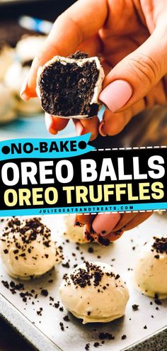 oreo balls with chocolate sprinkles are being held up by someone's hand