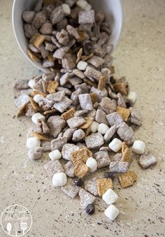 a bowl full of dog food sitting on top of a counter next to a pile of white and brown puppy biscuits