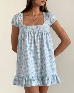 Trim Mini Dress in Blue Flower Gingham Blue Babydoll Dress, 23 Style, Summer Bodycon Dress, Feminine Fashion, Girl Closet, Black Satin Dress, Babydoll Style, Bandeau Dress, Motel Rocks