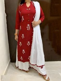 Product Code ; - 819 SKU ;- 1052 Fabric ;- Heavy Rayon Color ;- Maroon Pattern :- Embroidered Work :-Mirror Occasion :- Festive Fit :- Regular Crew Neck :- Round Neck Sleeves :- 3/4 Sleeve Packet Content :- 1 Kurti,1 Palazzo,1 Dupatta Brand :- MIDDLE CLASS DESIGN Country Of Origin :- India Multi Color Mirror Buttons For Kurti, Red Cotton Kurta With Dori Work, Red Cotton Traditional Wear With Dori Work, Elegant Red Dress, Kurti With Palazzo, Kurti Sets, Organza Suits, Partywear Dresses, Embroidered Kurti