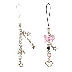 two necklaces with charms attached to them on a white background, one is pink and the other is black