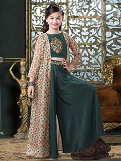 Shop Bottle green designer silk punjabi palazzo suit online from G3fashion India. Brand - G3, Product code - G3-GSS1155, Price - 3530, Color - Green, Fabric - Silk, Indian Dresses For Kids, Western Dresses For Girl, Kids Party Wear Dresses, Girls Dresses Sewing, Kids Frocks Design, Kids Dress Wear, Kids Dress Patterns, Palazzo Suit