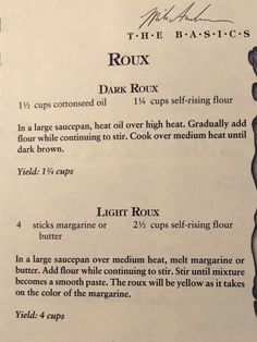 an old recipe book with instructions on how to make roux