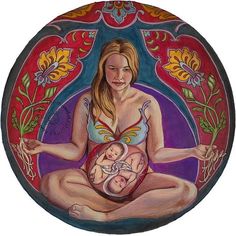 a painting of a woman sitting in the middle of a circle with her hands on her heart