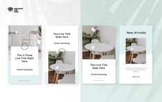 three vertical brochures with images of tables and chairs in the same color scheme