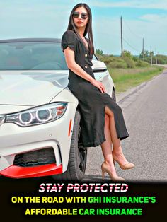 a woman sitting on the hood of a car with text that reads stay protected on the road