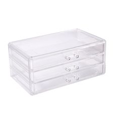 a clear plastic jewelry box with three drawers