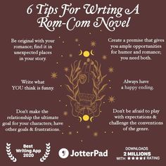 a poster with the words tips for writing a rom - com novel and an image of a