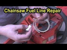 a man is working on a machine with the words, chainsaw fuel line repair