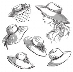 four hats with long hair are shown in black and white