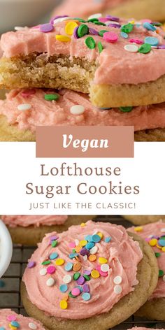 vegan lofthouse sugar cookies with pink frosting and sprinkles on top