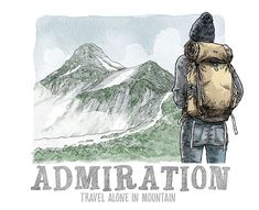 a drawing of a person with a backpack looking at mountains