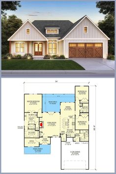 two story house plans with garage and living room on the first floor are shown in this image